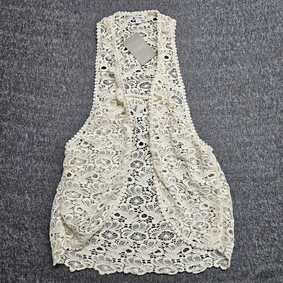 Moyna Jackets & Blazers - Moyna Vest Women Medium Ivory Anthropologie Crochet Lace Open Front Boho Cotton